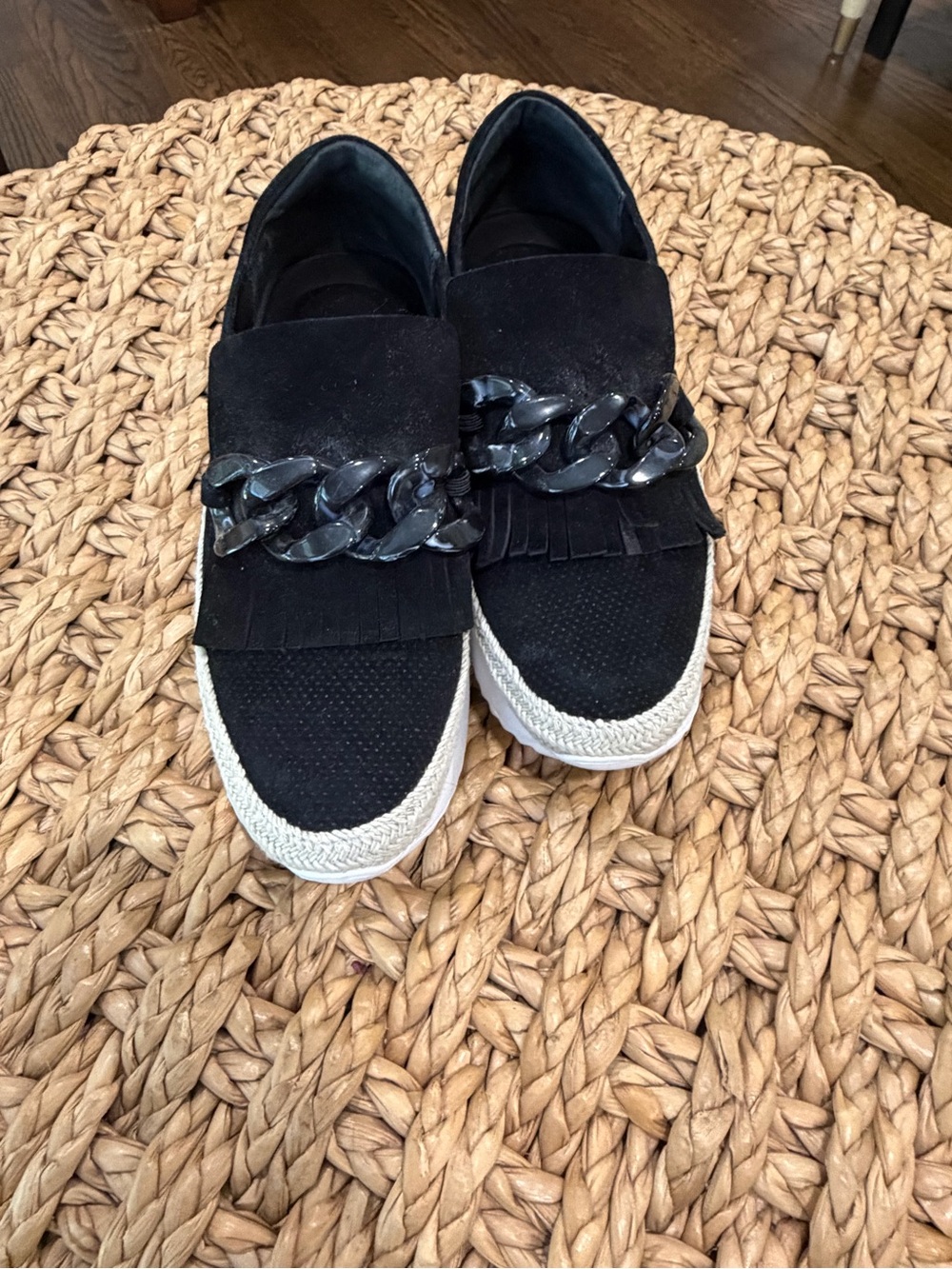 Vaneli Black Slip-On Loafers with Chain and Fringe Size 6.5